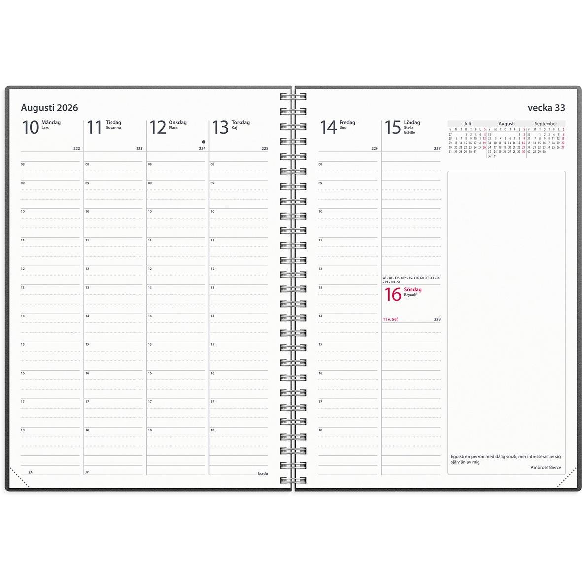 Översikt av en 2026 års affärsrefill för Almanacka Burde 1040 A5, visar veckoplanering för augusti.