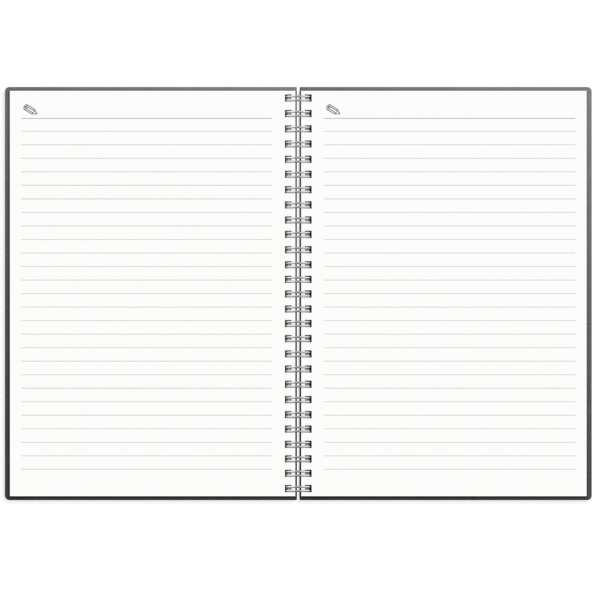 Öppen A5-bok med linjerade sidor för anteckningar, spiralbindning i mitten