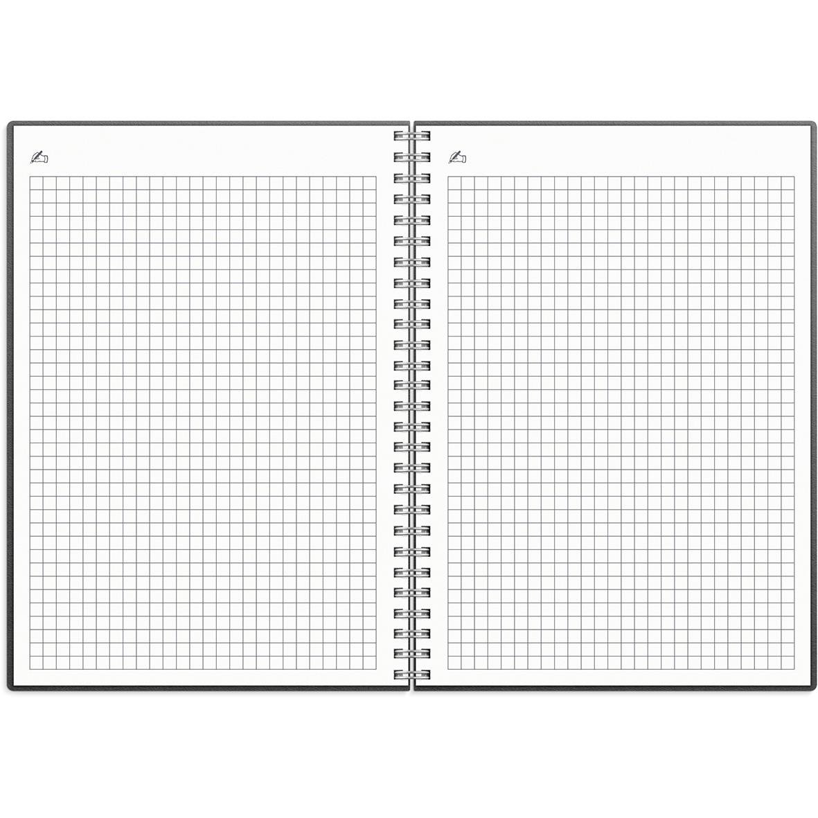 Öppen A5 almanacka med rutade sidor för 2026 års planering