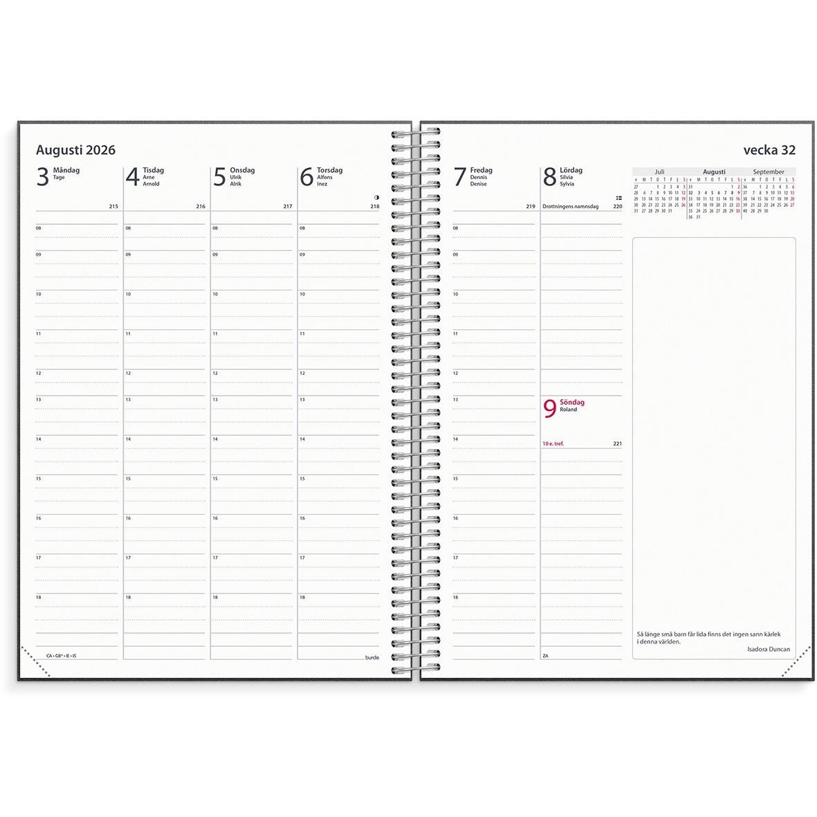 Översikt av en kalender för augusti 2026 med veckonummer och plats för anteckningar i en spiralbunden almanacka