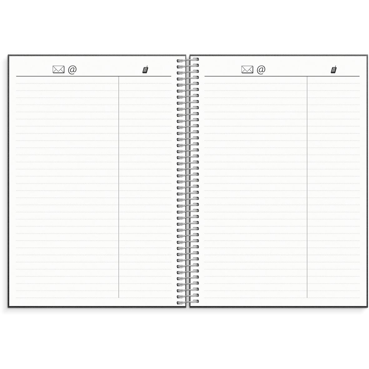 Öppen almanacka för 2026 med plats för anteckningar och kontaktuppgifter