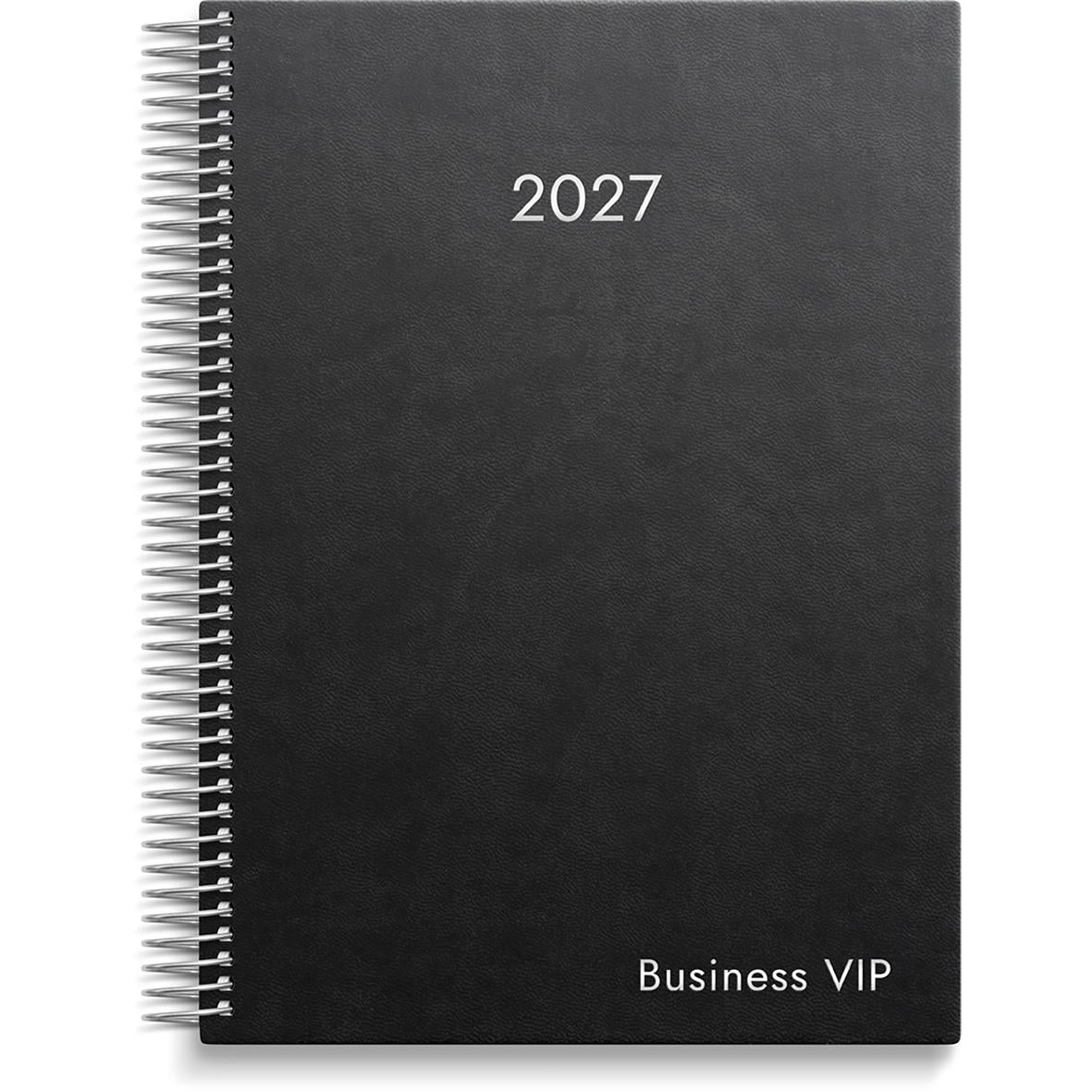 Svart almanacka för 2026 med konstläderomslag och spiralbindning, märkt Business VIP