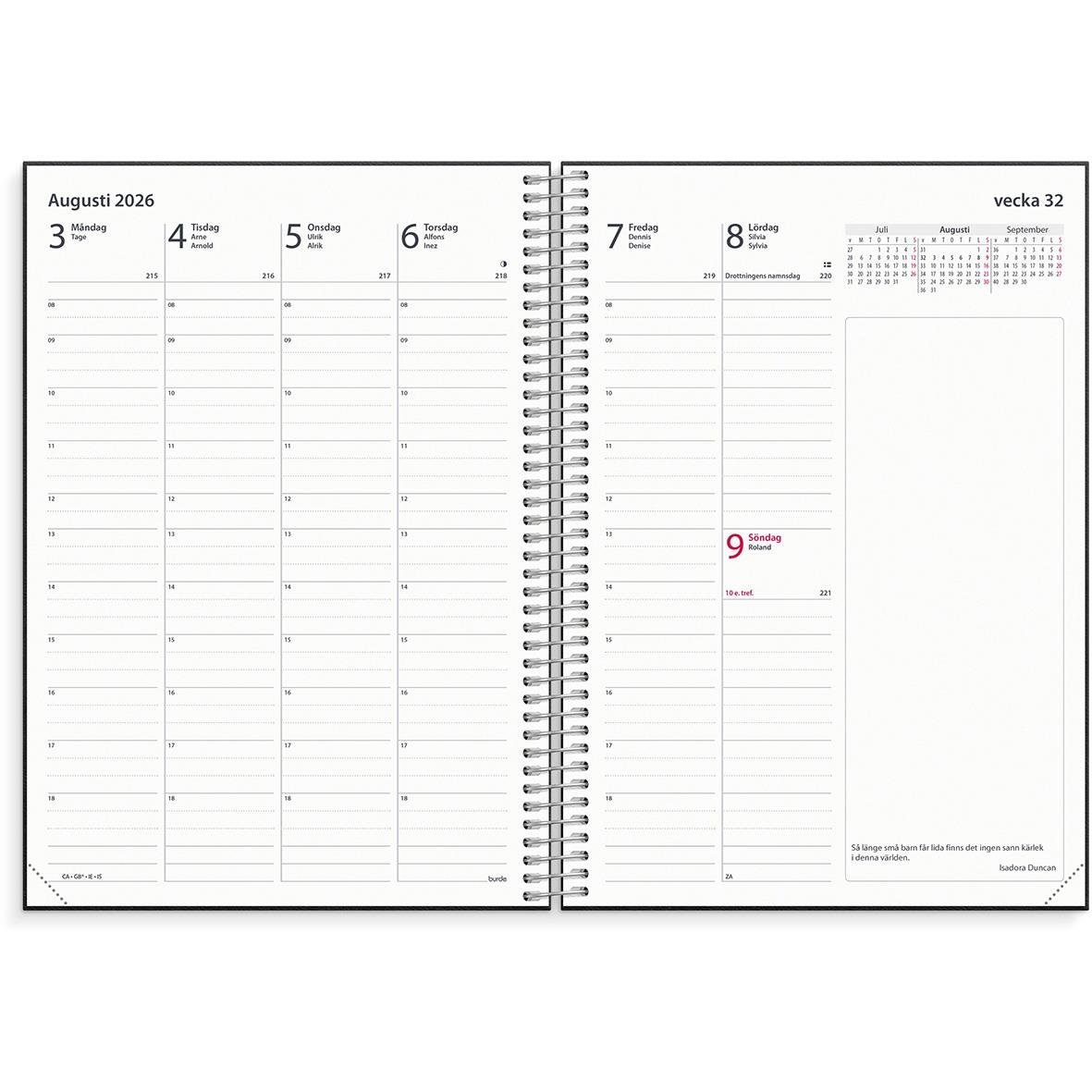 Öppnad almanacka för 2026 med veckoplanering och datum i konstläderomslag