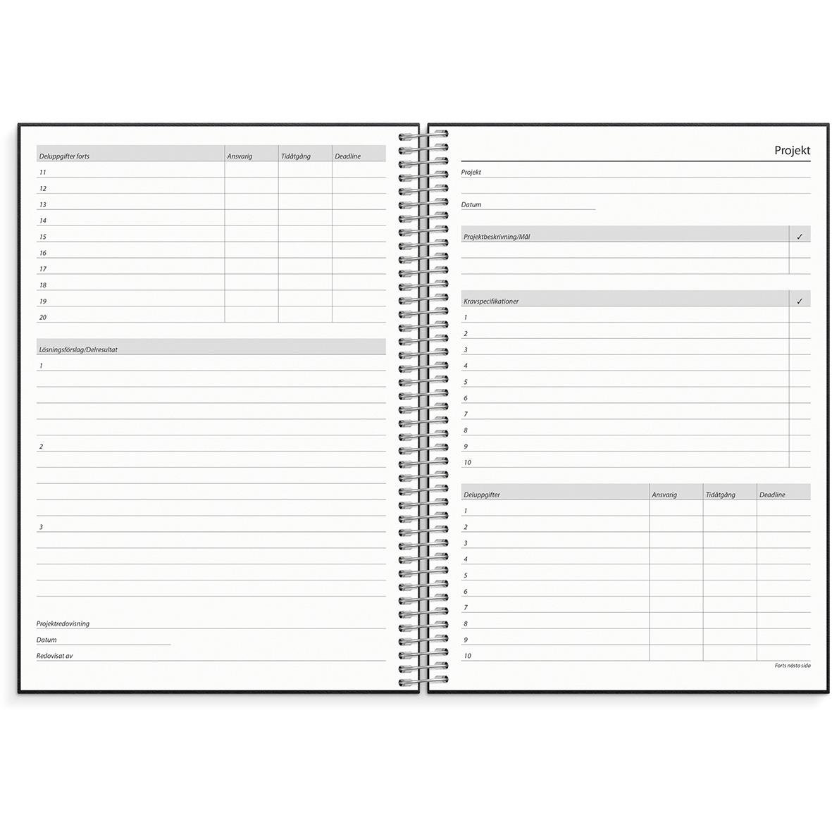 Öppnad almanacka för 2026 med plats för anteckningar, projekt och kontaktuppgifter, i konstläder med titeln Burde 1053 Business VIP