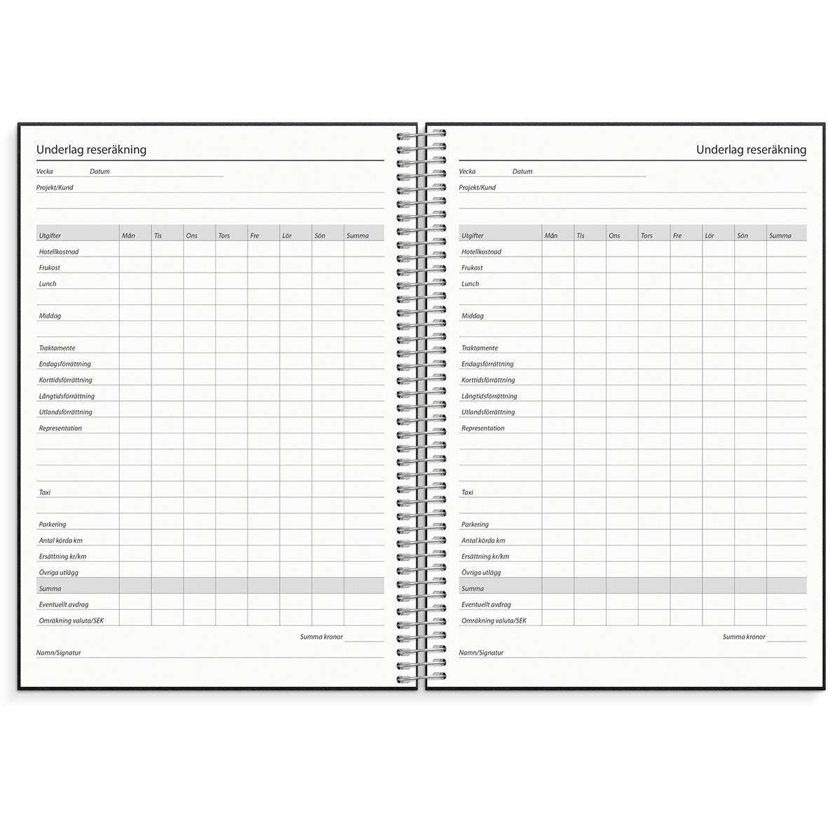 Öppnad almanacka för 2026 med plats för reseplanering och anteckningar i konstläder