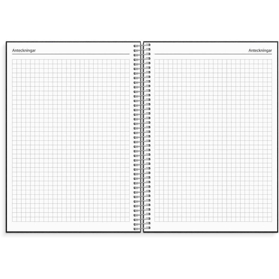 Öppen almanacka med rutade sidor för anteckningar, svart konstläderomslag, för 2026