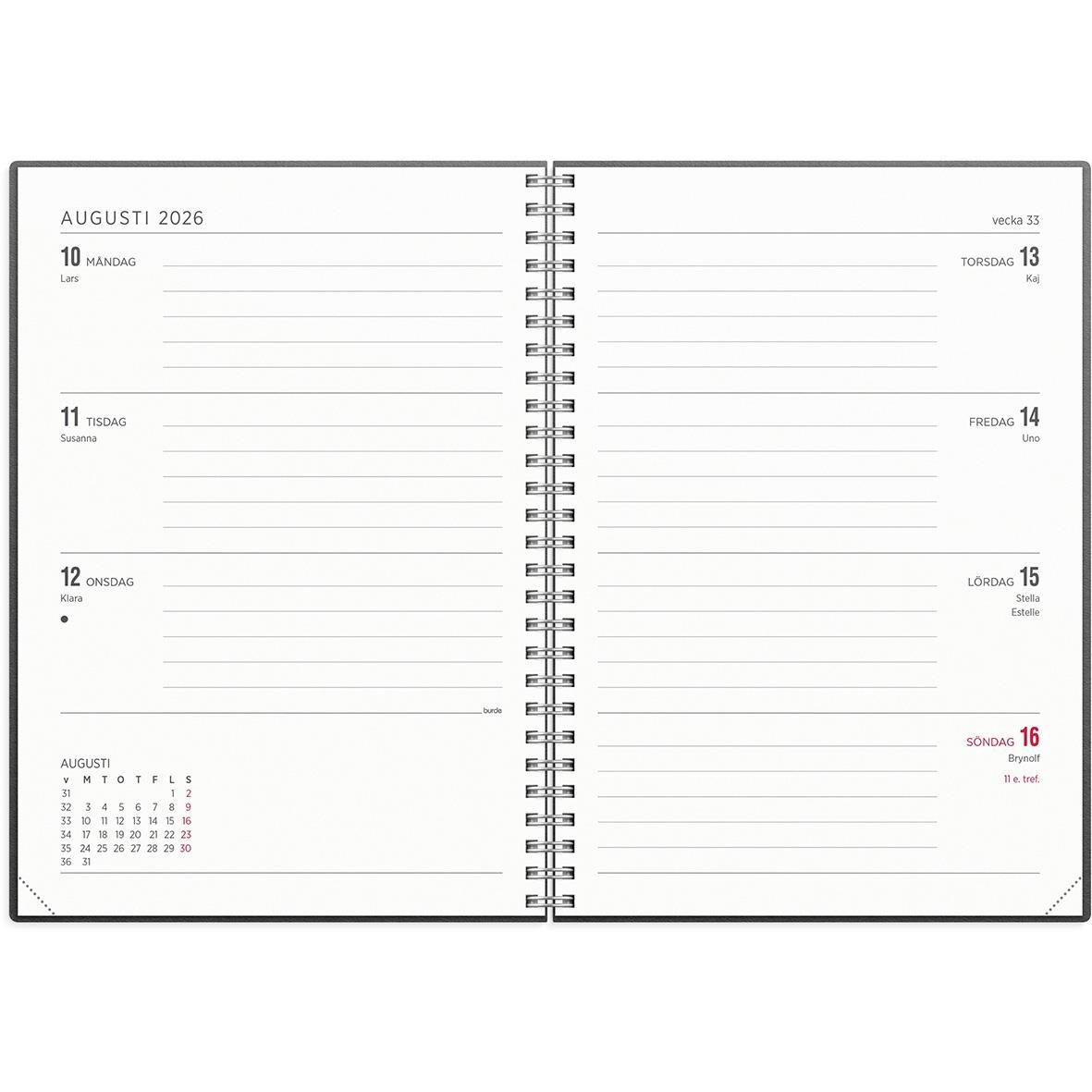 Svart A5 almanacka för 2026 med veckoplanering och datum för augusti