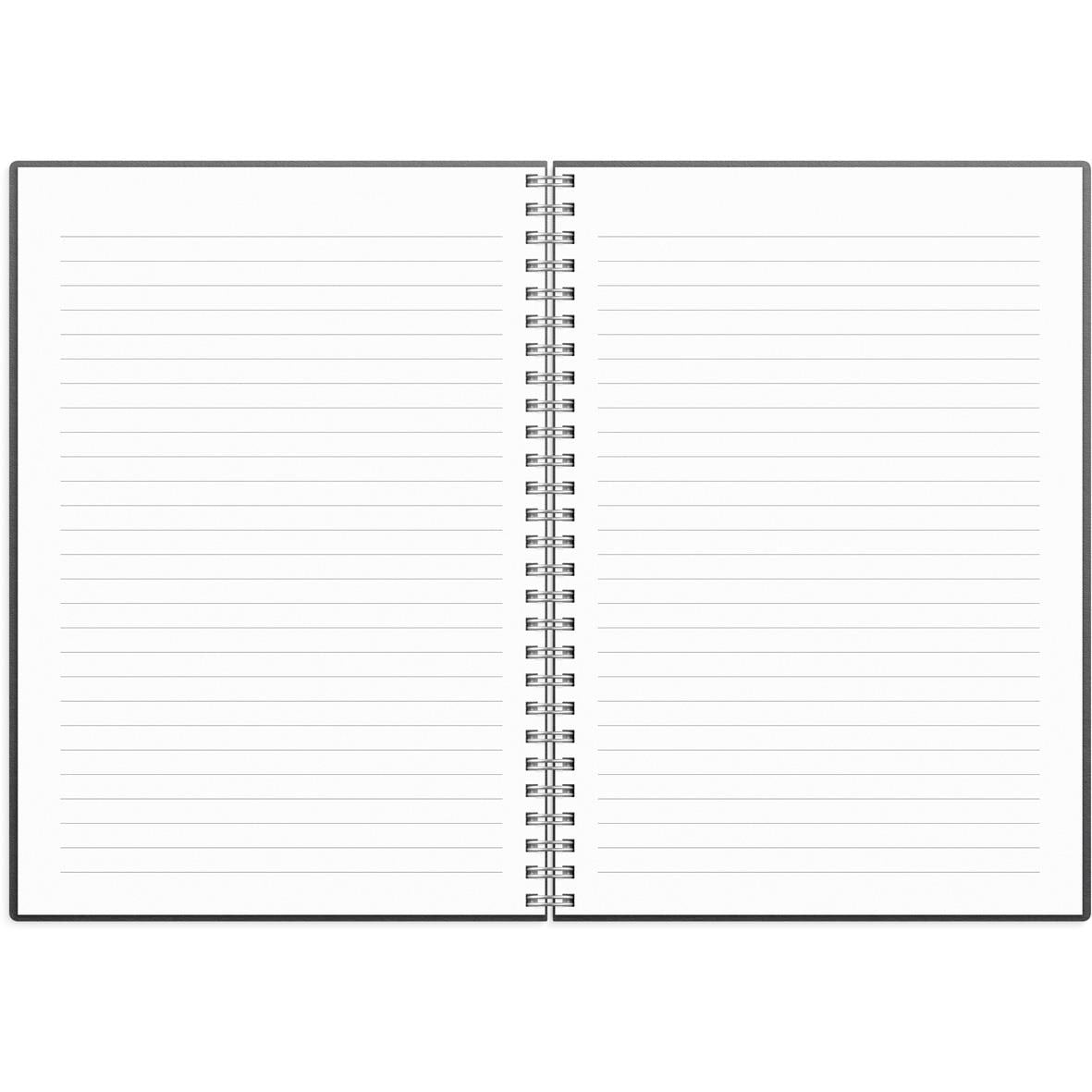 Svart A5-alfabetiserad kalender för 2025 med spiralbindning, penna, klämmor och kaffe på vit bakgrund