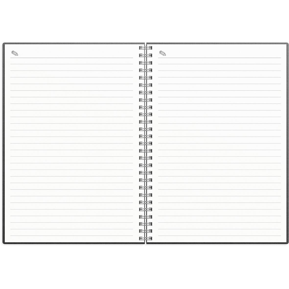 Svart A5 veckoplanerare för 2026 med linjerad sida och spiralbindning