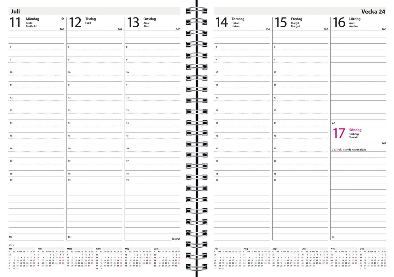 " för vecka 24 i 2026, svart A5 Almanacka Burde 5170 Weekly ECO Line"