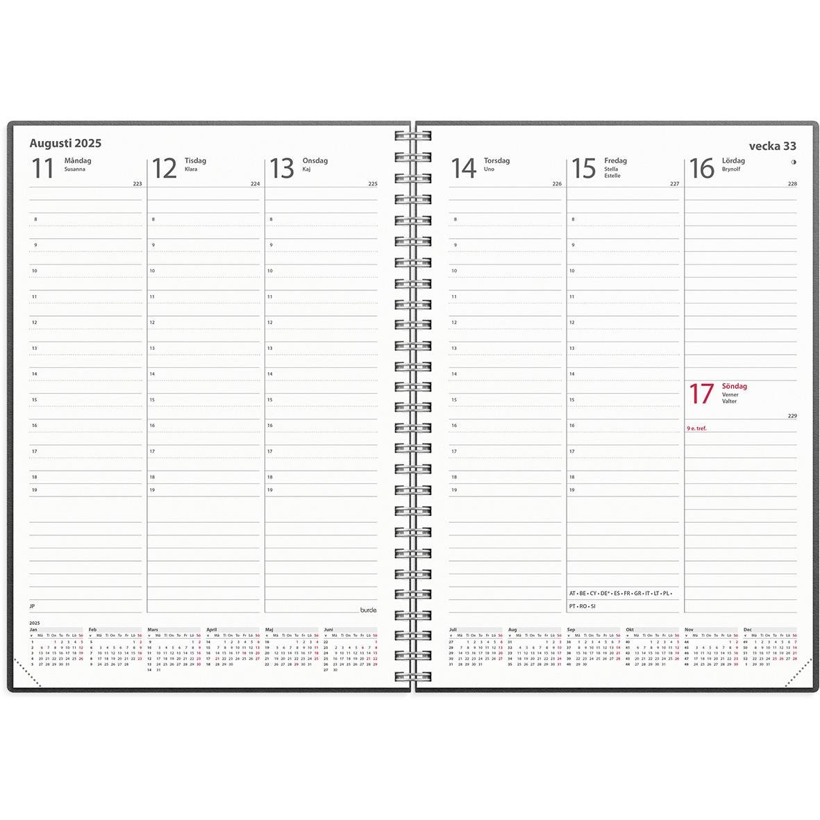 Veckoplanerare för 2025 med svart skinnomslag, A5 storlek, veckovisa sidor för augusti