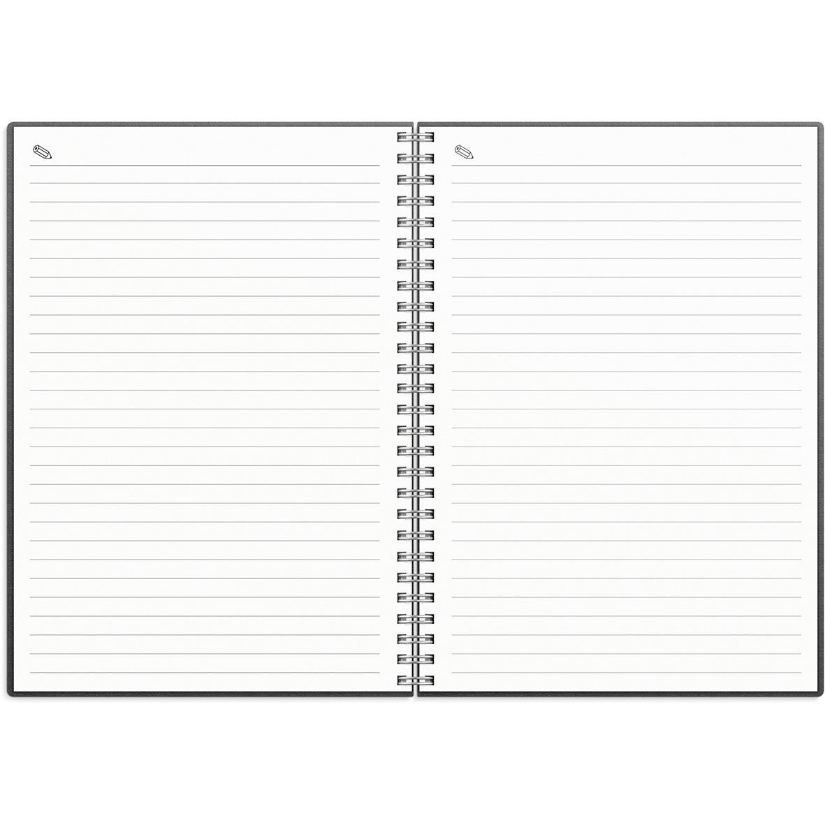 Veckoplanerare i svart skinn för 2025 med linjerad sida och spiralbindning i A5-storlek