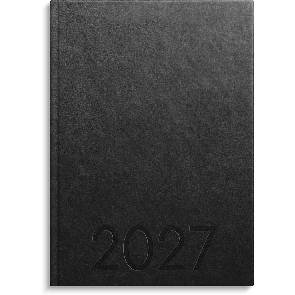 Svart konstläderalmanacka för 2026 med veckoplanering i A5-format