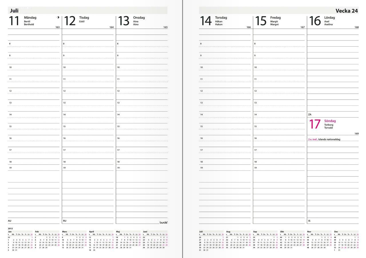 Veckoplanerare för 2026 med rosa konstläderomslag, veckovisa sidor för 11-17 juli, A5-format