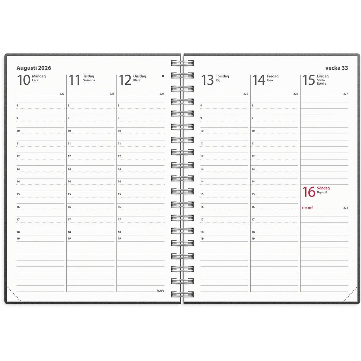 Veckoplanerare för 2026 i svart A6-format med veckovisa sidor för augusti