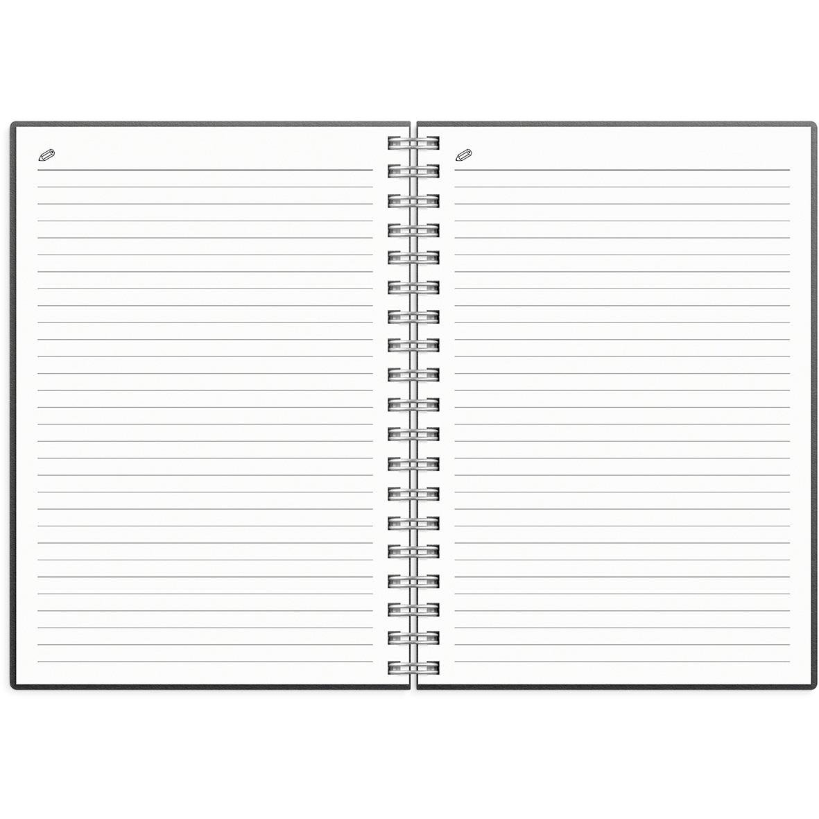 Öppet noteringsblock i svart med linjer för veckoplanering i A6-format