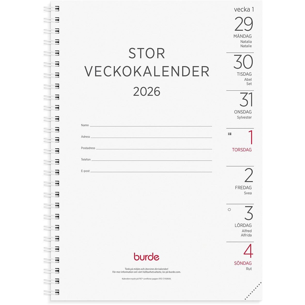 Stor veckokalender för 2026 med plats för personuppgifter och veckodagar, refillsats