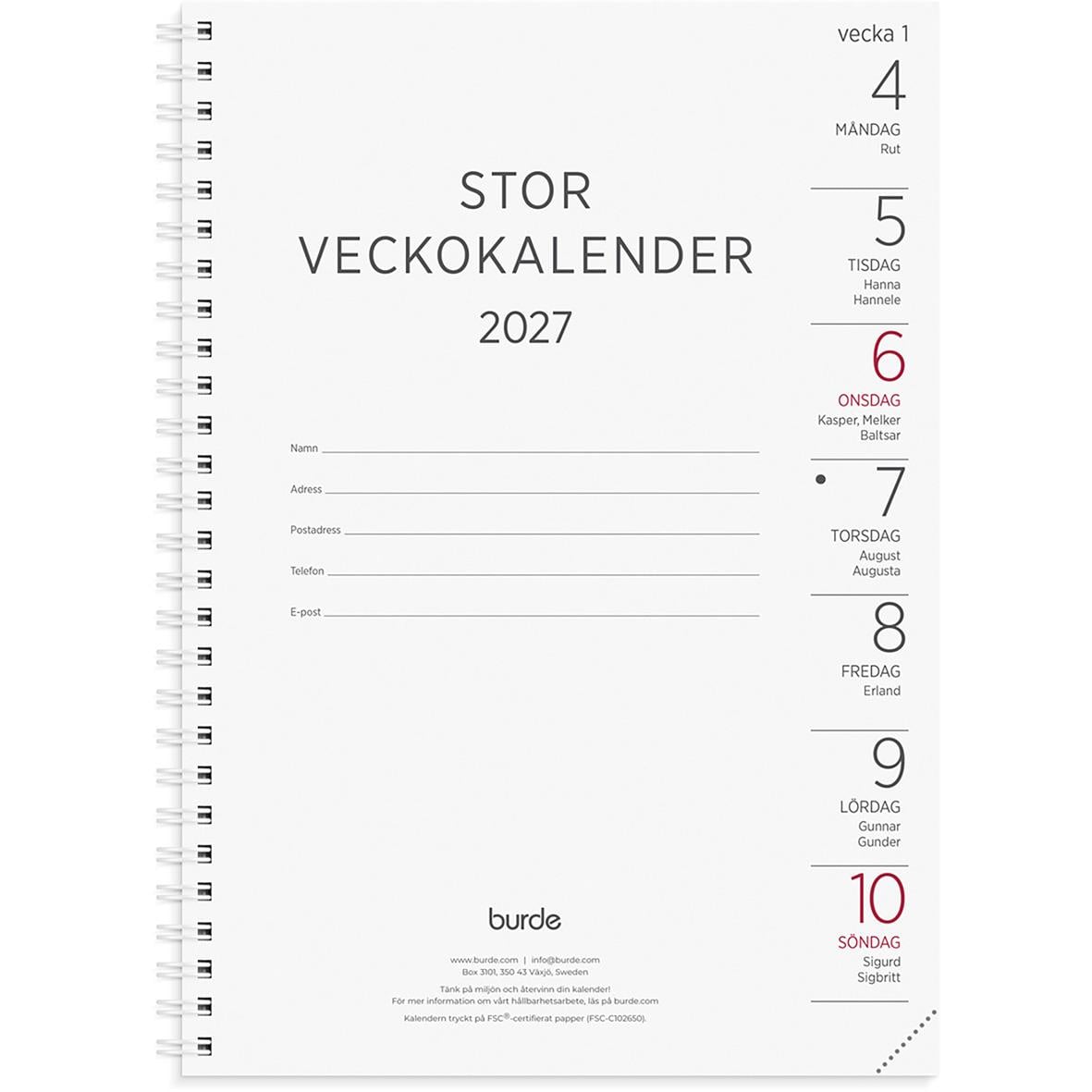 Stor veckokalender för 2026 med plats för personuppgifter och veckodagar, refillsats