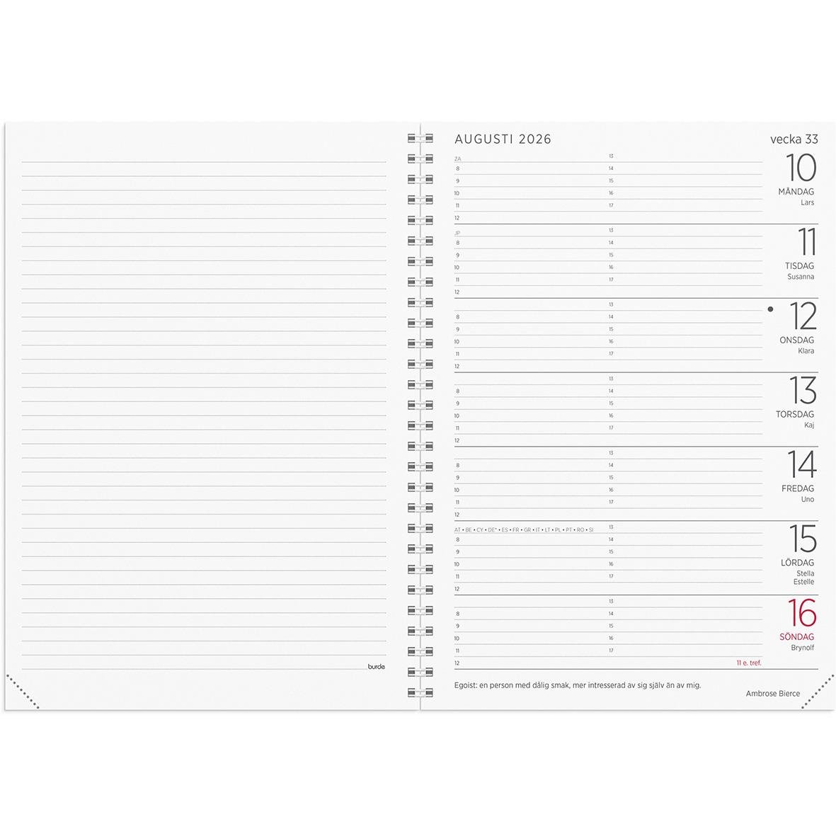Stor veckokalender refill för 2026 med veckovisa sidor för augusti