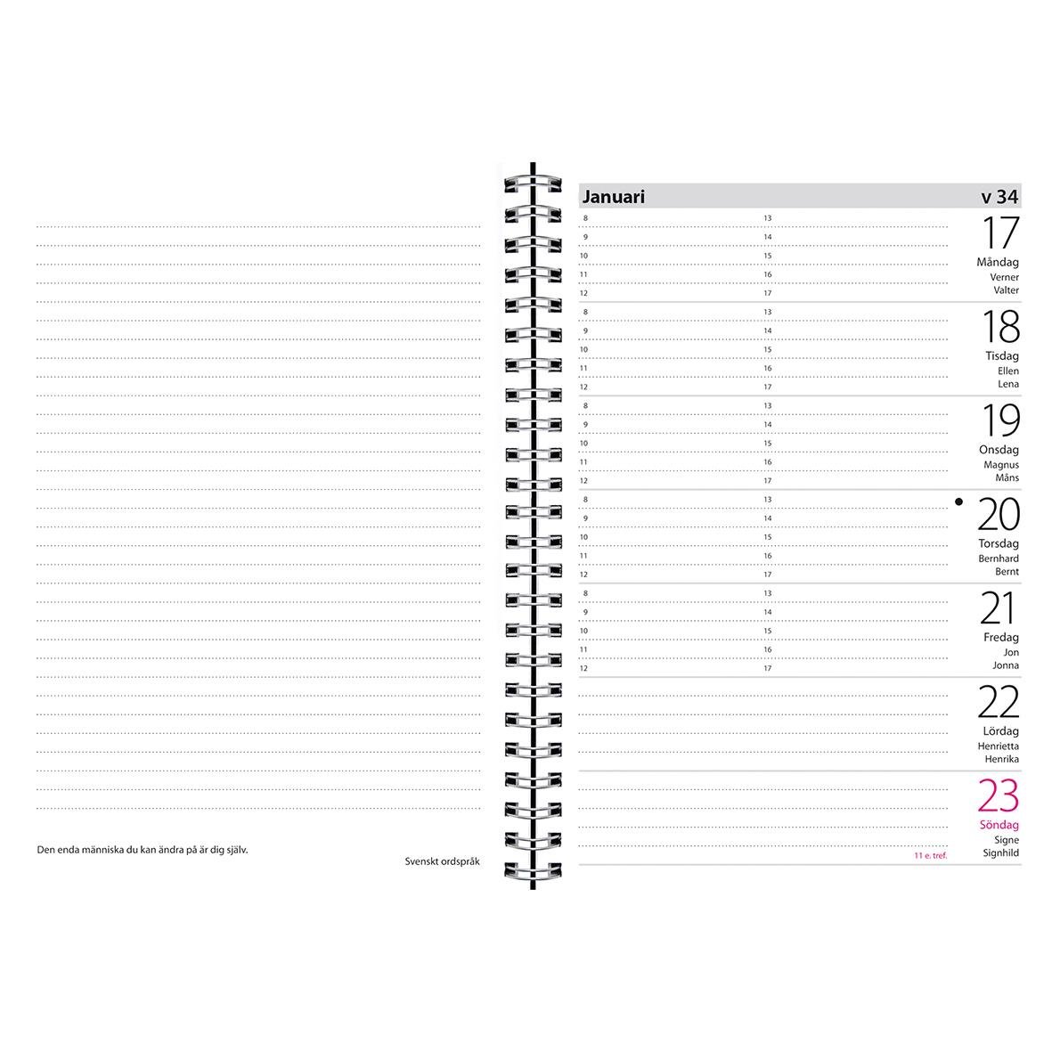 Stor veckokalender för 2026 med januari månad, dag för dag, i spiralbindning