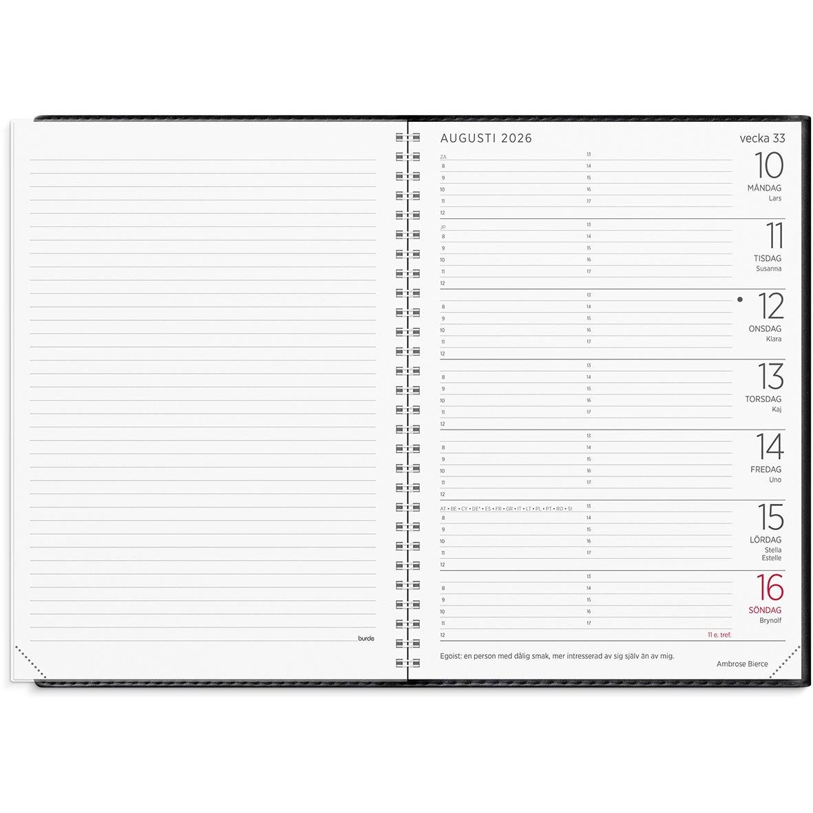 Stor veckokalender för 2026 med konstläderomslag och veckovisa sidor för augusti