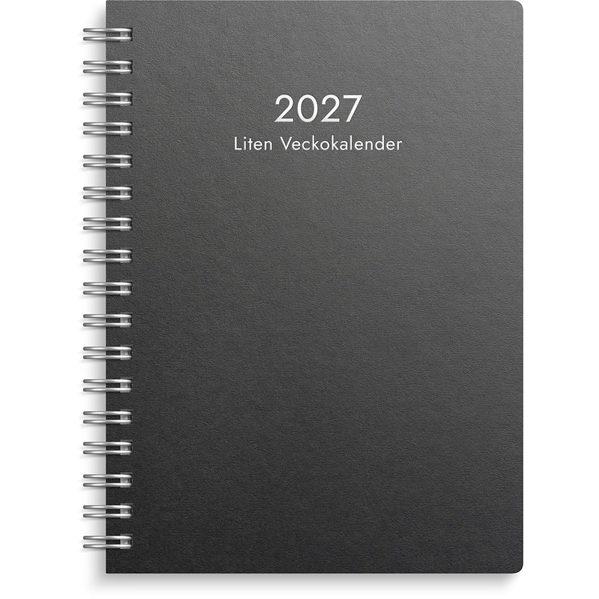 Liten svart veckokalender för 2026 med spiralbindning och omslag