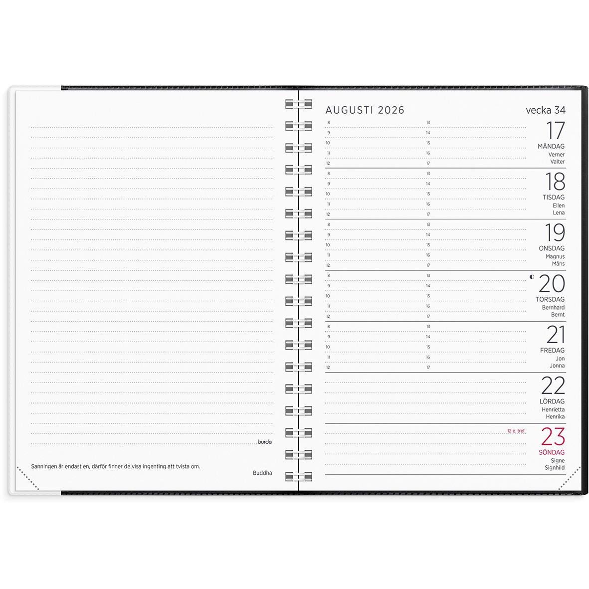 Liten svart plastveckokalender för 2026 med veckonummer och datum i augusti