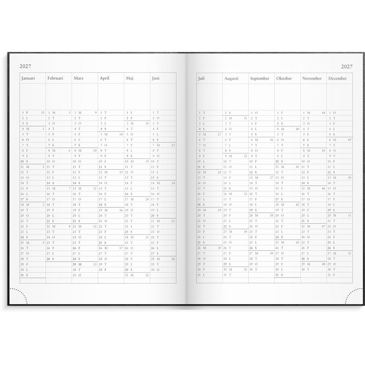 Företagarkalender för 2025 i konstläder med svart omslag och text