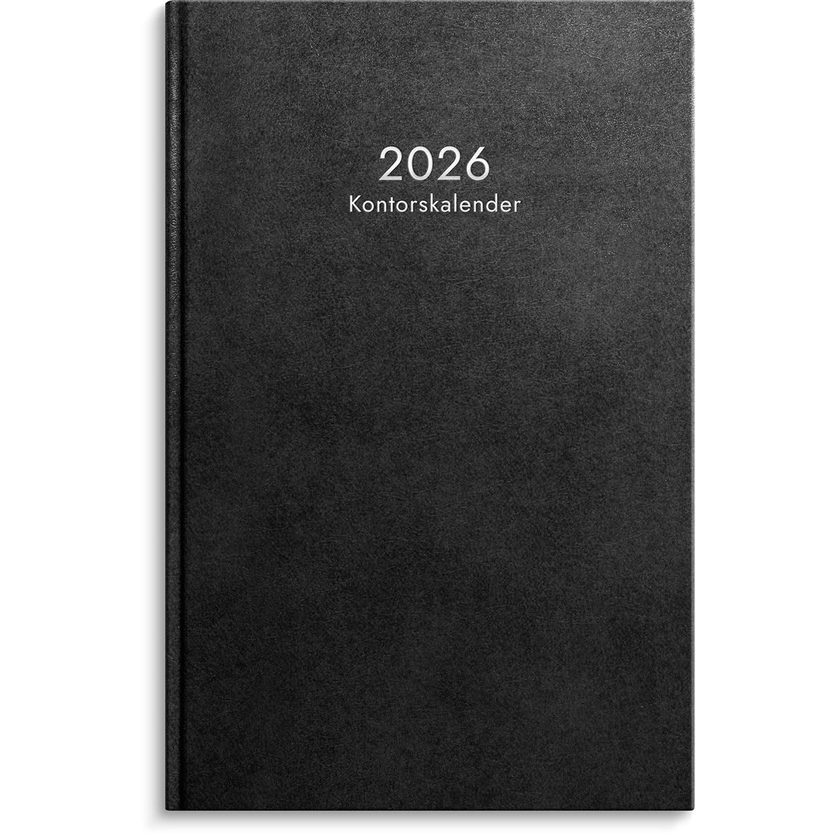 Svart inbunden kontorskalender för 2026 med titeln Almanacka Burde 1073