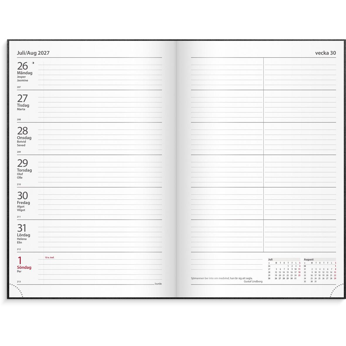 Svart inbunden kontorskalender för 2026 med 2025 års kalender på omslaget