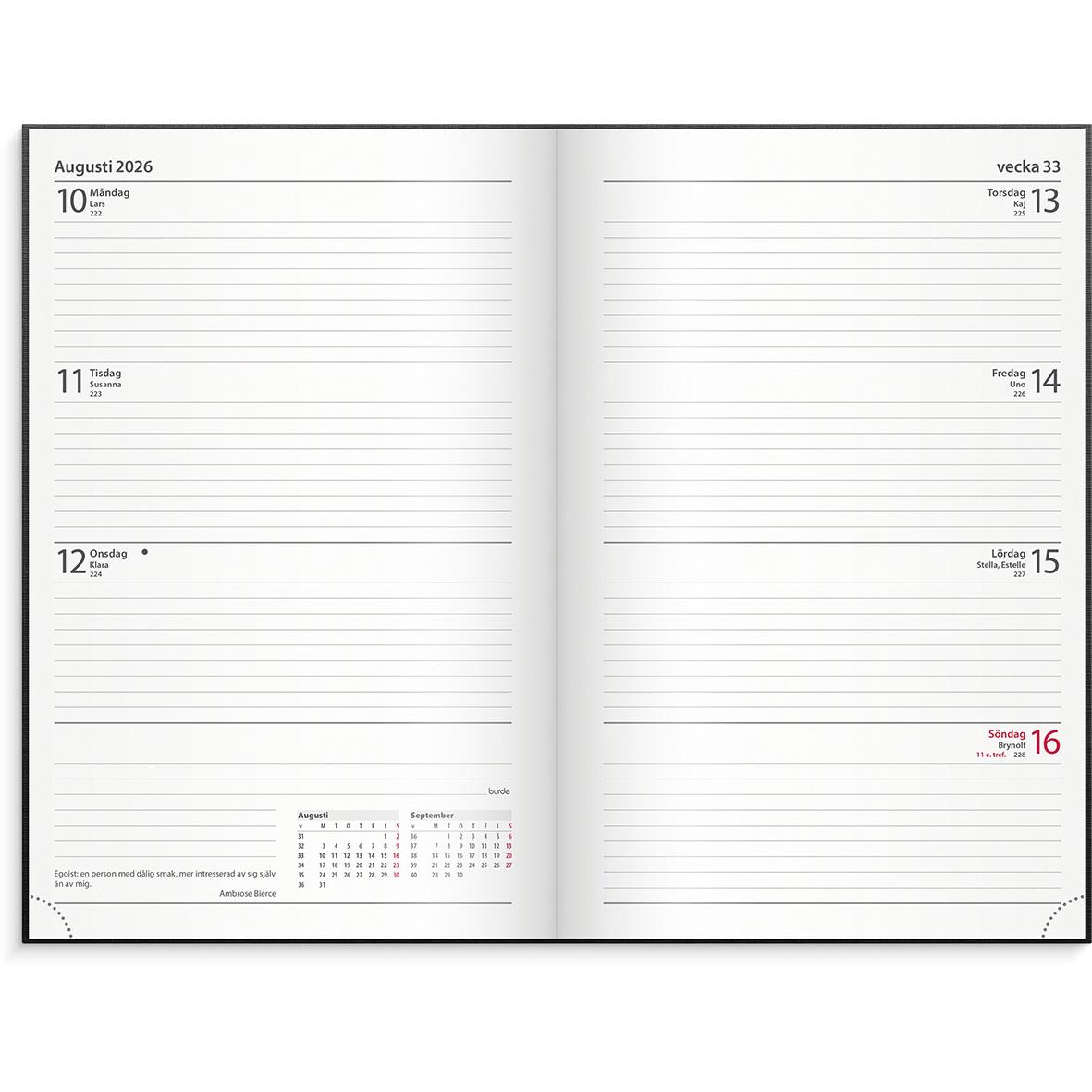 Öppnad dagbokskalender för augusti 2026 med veckoplanering och datum för dagarna 10 till 16