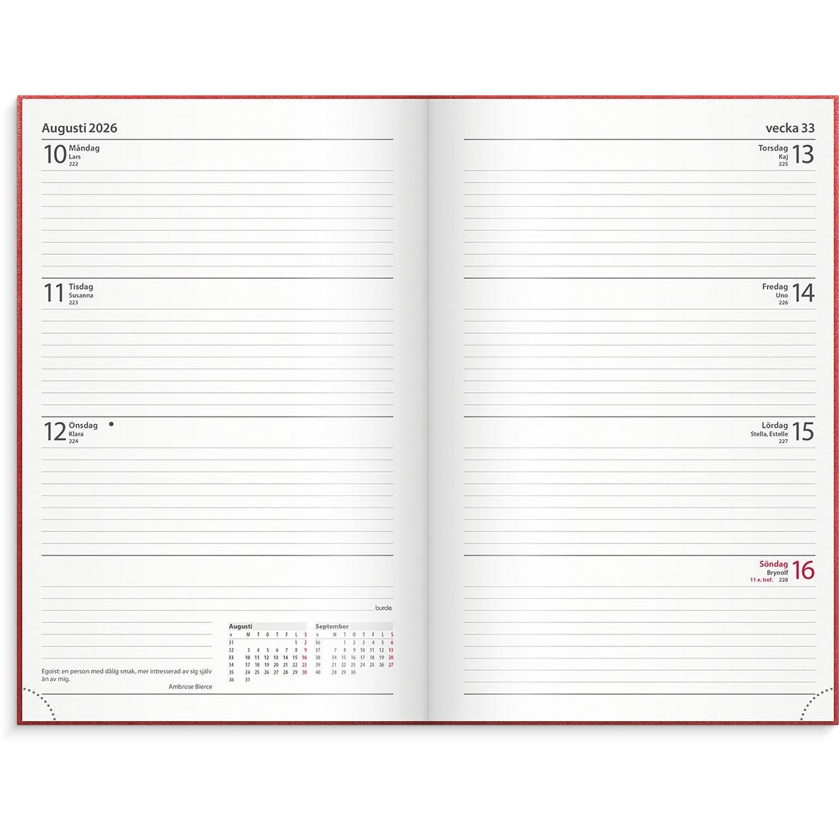 Röd inbunden dagbokskalender för 2026 med veckovisa sidor och plats för anteckningar