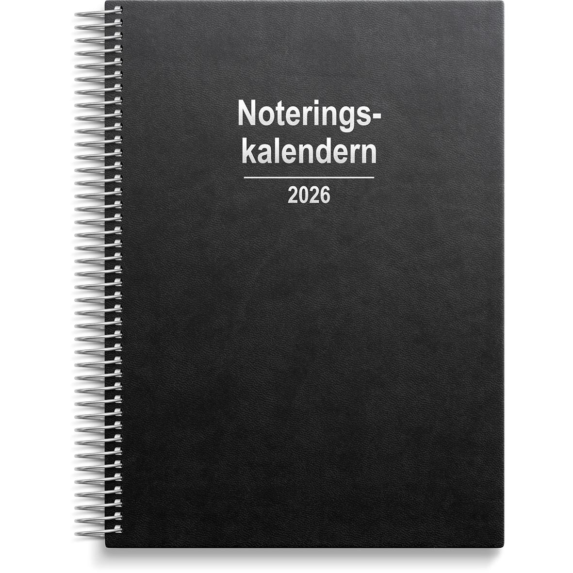 Svart noteringskalender för 2026 med konstläderomslag och spiralbindning