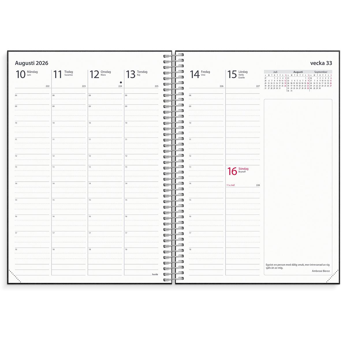 Öppen noteringskalender för augusti 2026 med veckodagar och datum, spiralbindning, konstläder