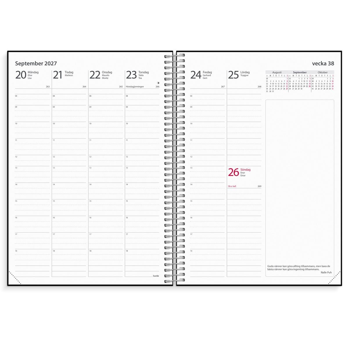 Öppen noteringskalender med konstläderomslag för 2026