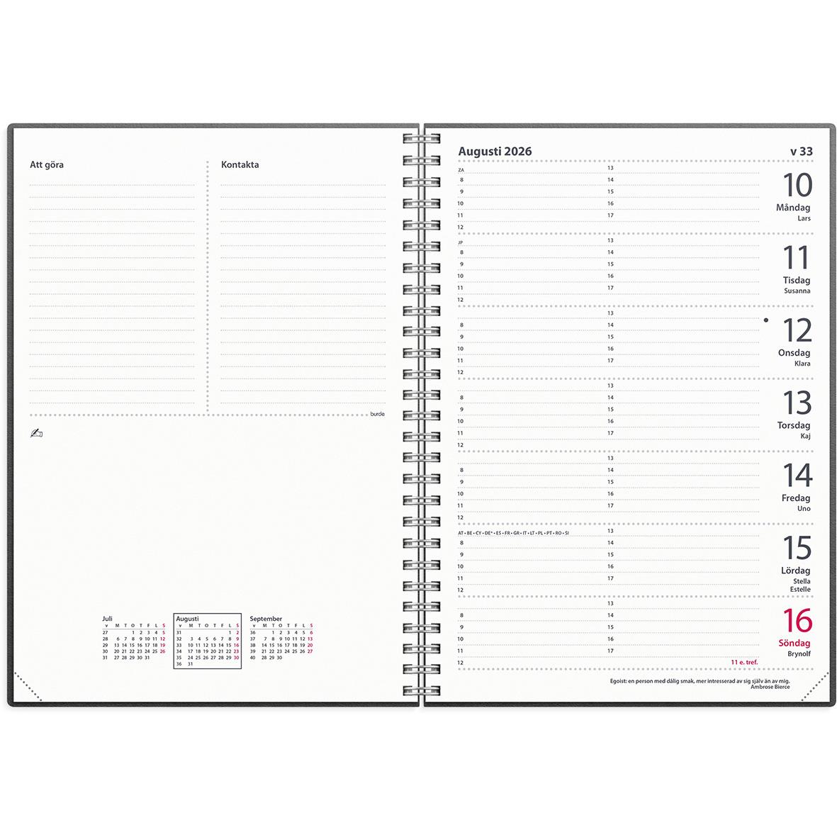 Almanacka Burde 1180 Diplomat Refill Kalendersats 2026 med veckoplanering för augusti 2026