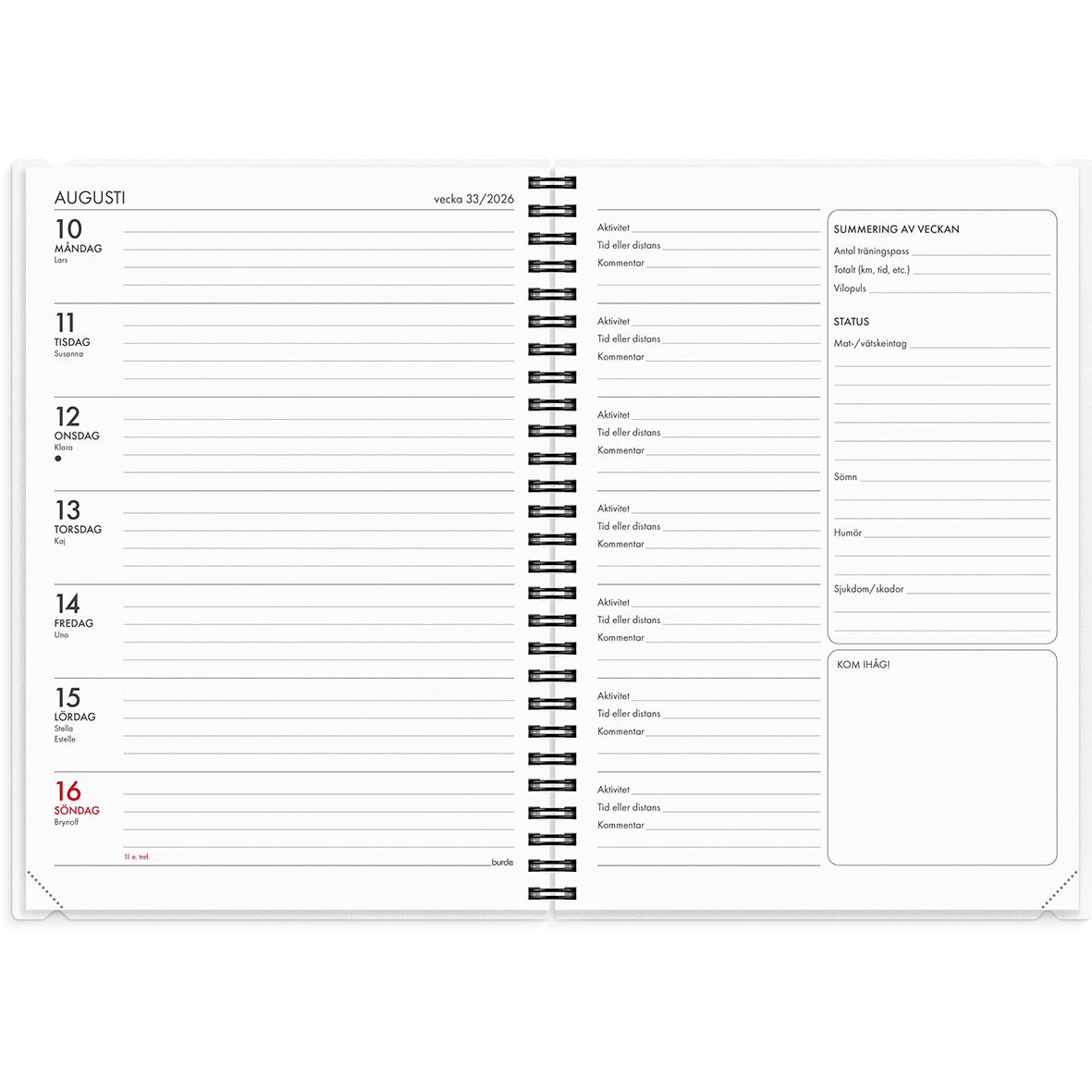 Träningskalender för 2026 i A5-format med veckovisa sidor och plats för anteckningar och planering