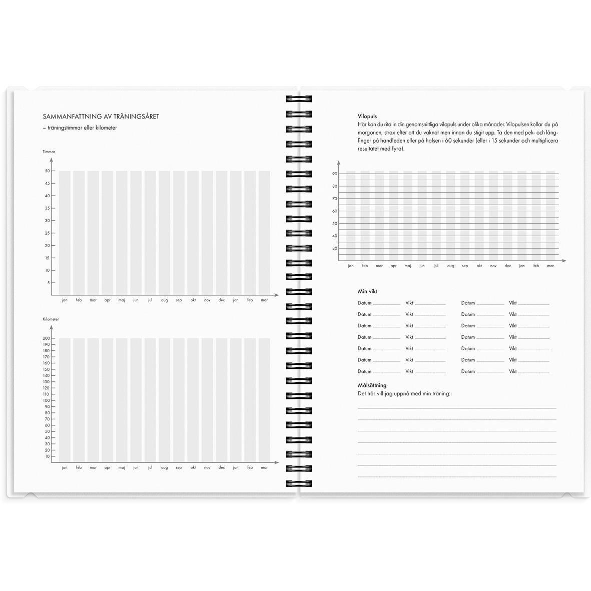 Träningskalender för 2027 i A5-format med träningsscheman och plats för anteckningar