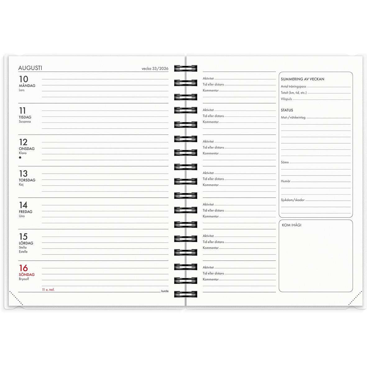 Liten träningskalender för 2026 med veckoplanering och plats för anteckningar, augusti månad synlig