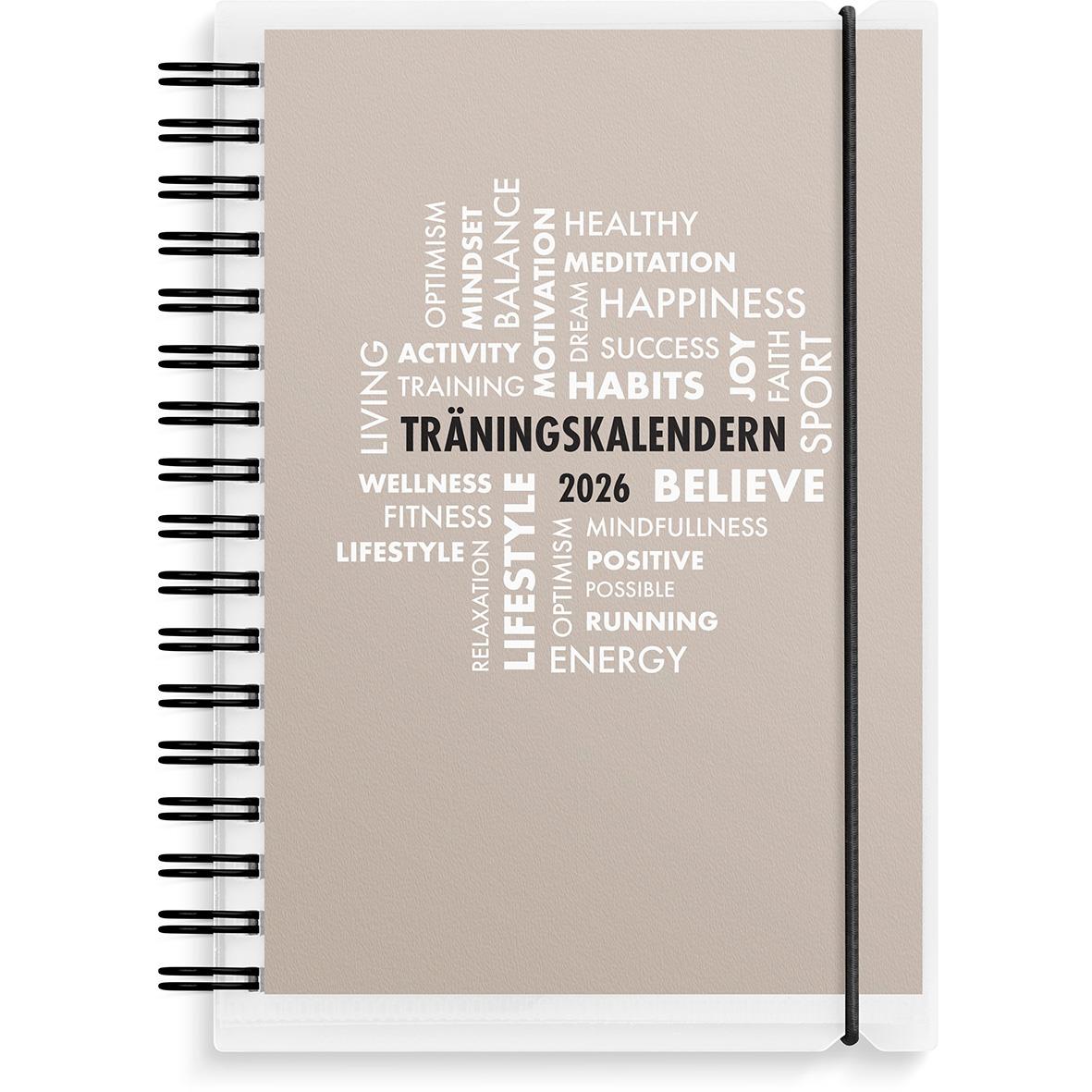 Liten träningskalender för 2026 med spiralbindning och elastisk band, täcker hälsa, träning och motivation