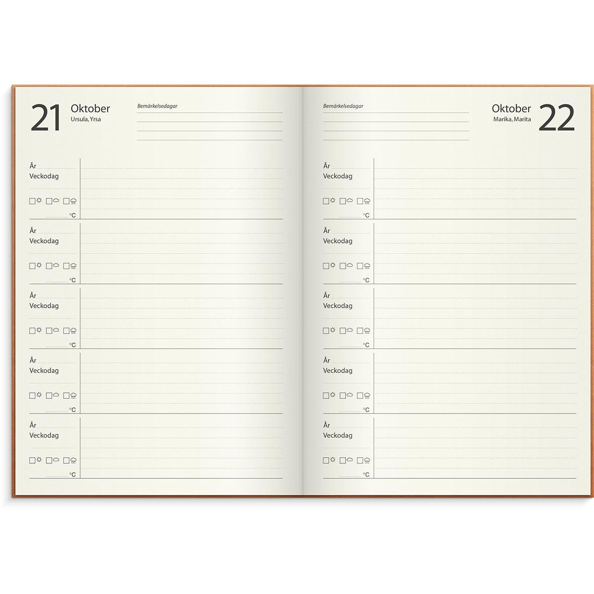 5-årsdagbok i konstläder med datum och veckoplanering för oktober