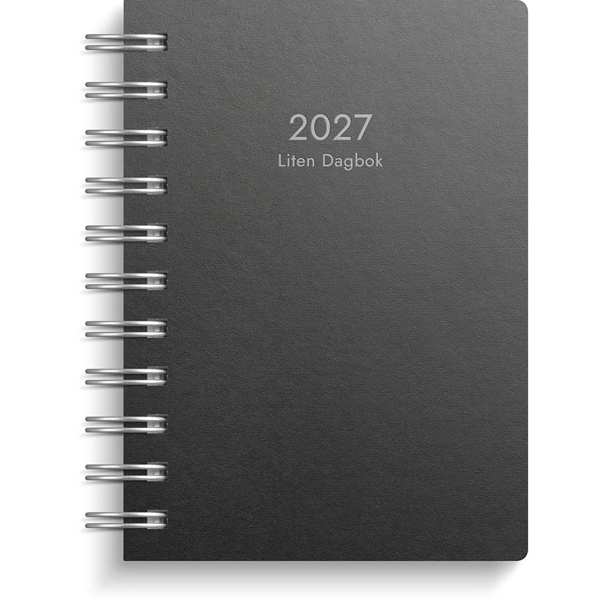 Svart liten dagbok för 2026 med spiralbindning och omslag