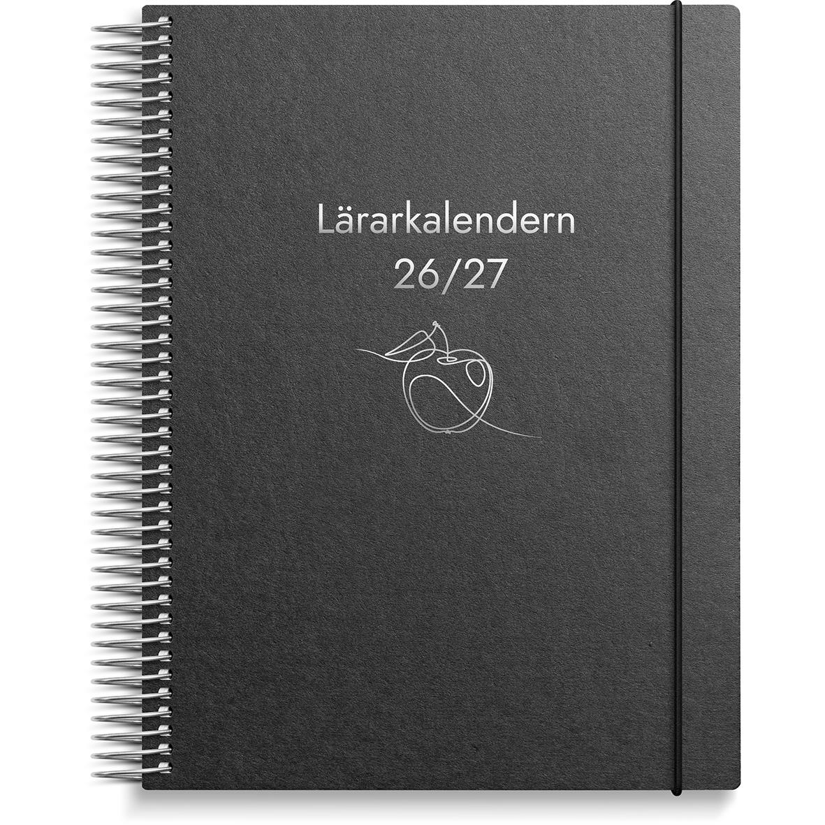 Svart lärare kalender för 2025-26 med spiralrygg och elastisk band, A5-storlek