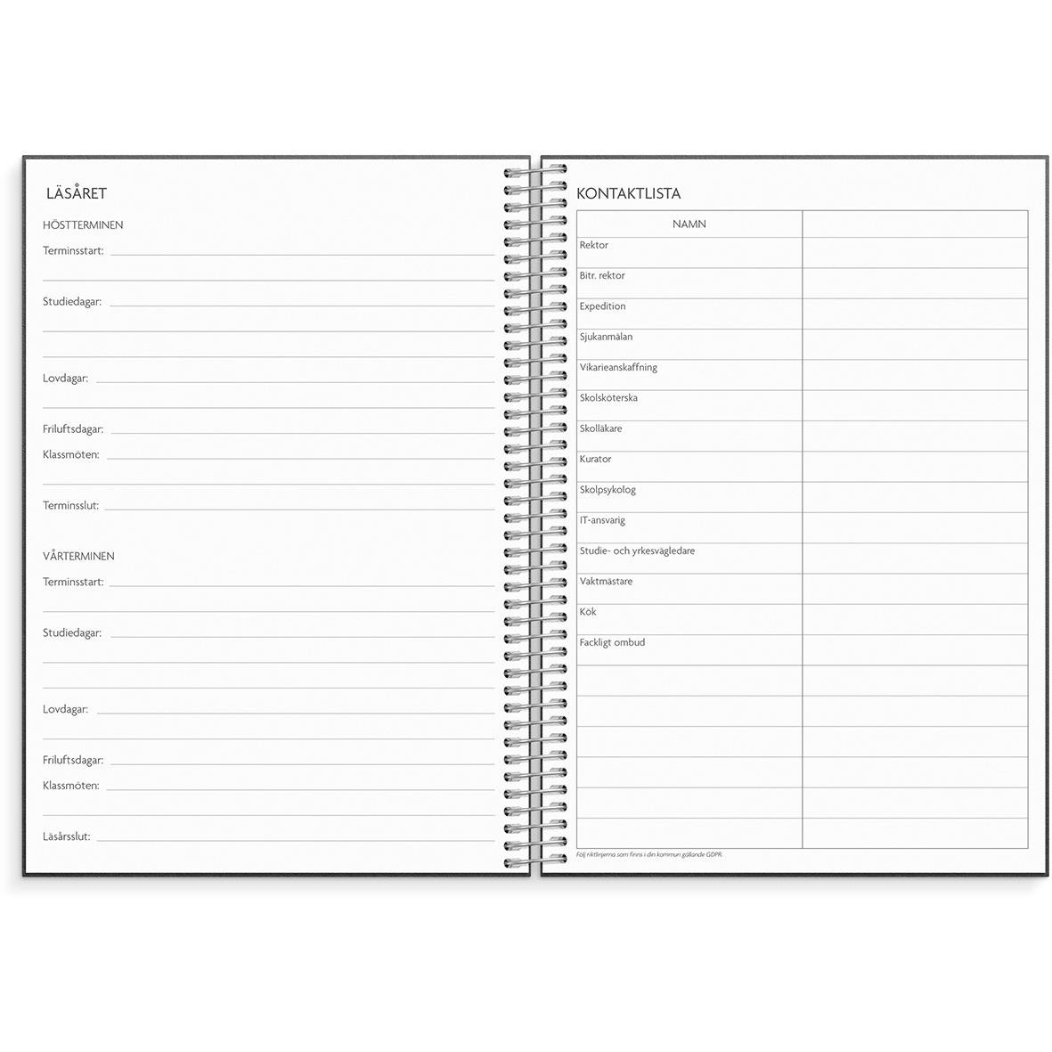 Lärarkalender för 25-26, A5-format, med scheman och veckodagar för planering