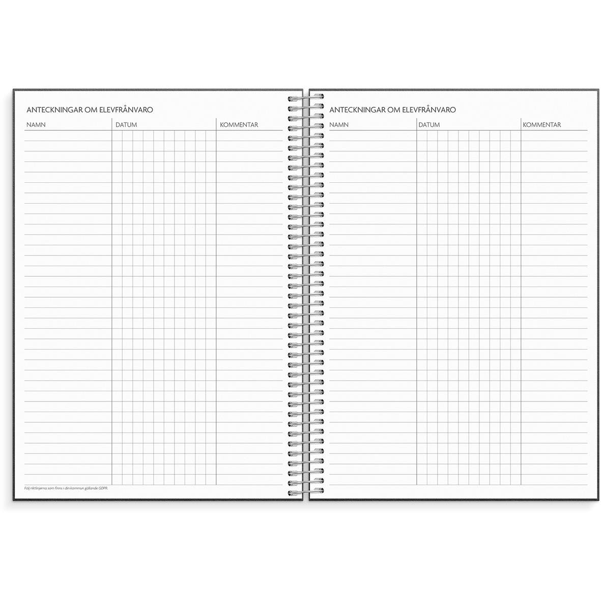 Öppnad lärarkalender med plats för elevförteckning och datum, A5 storlek, 1251 års upplaga