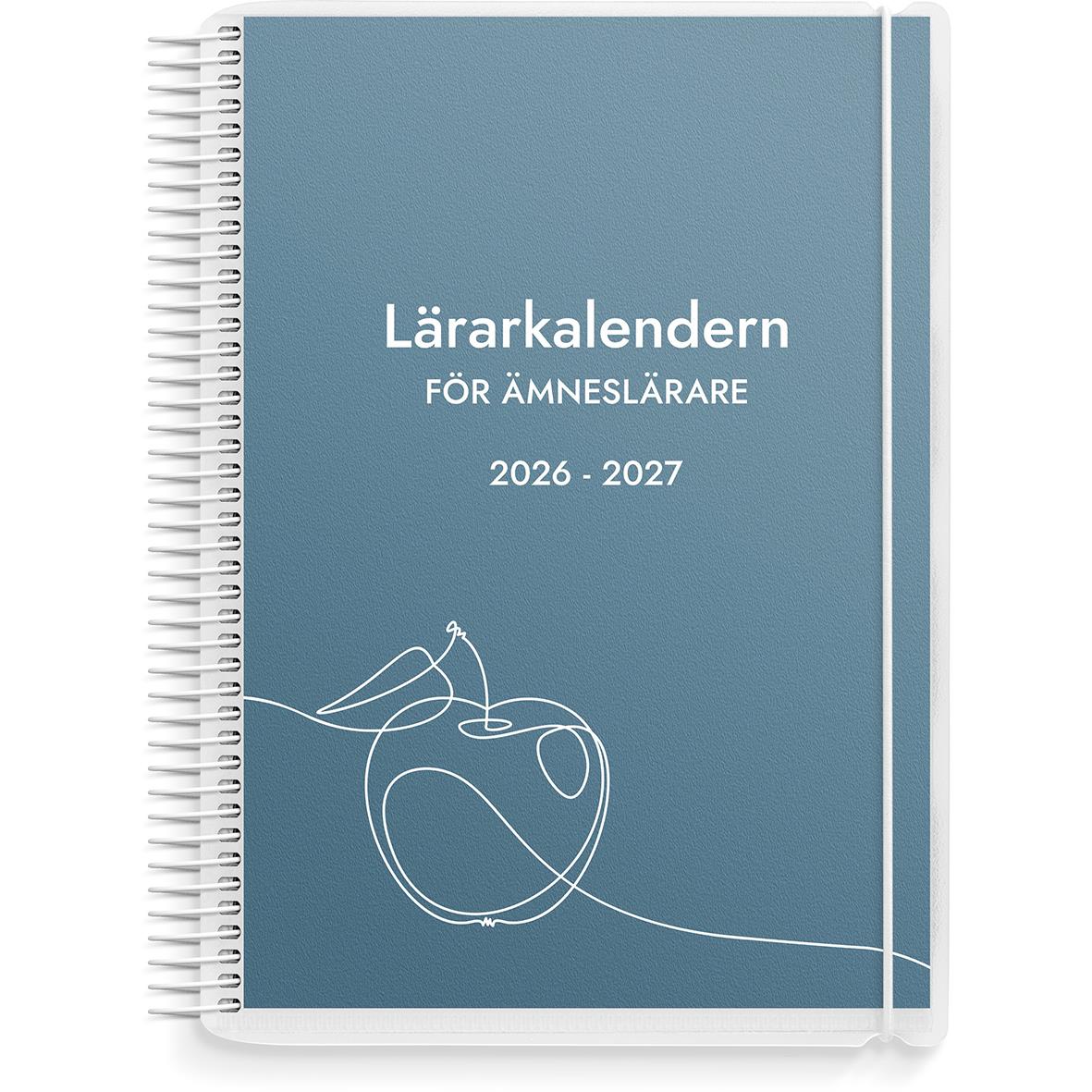 Lärarkalender för ämneslärare 2025-2026 i A5-format med blått omslag och linjärt illustration