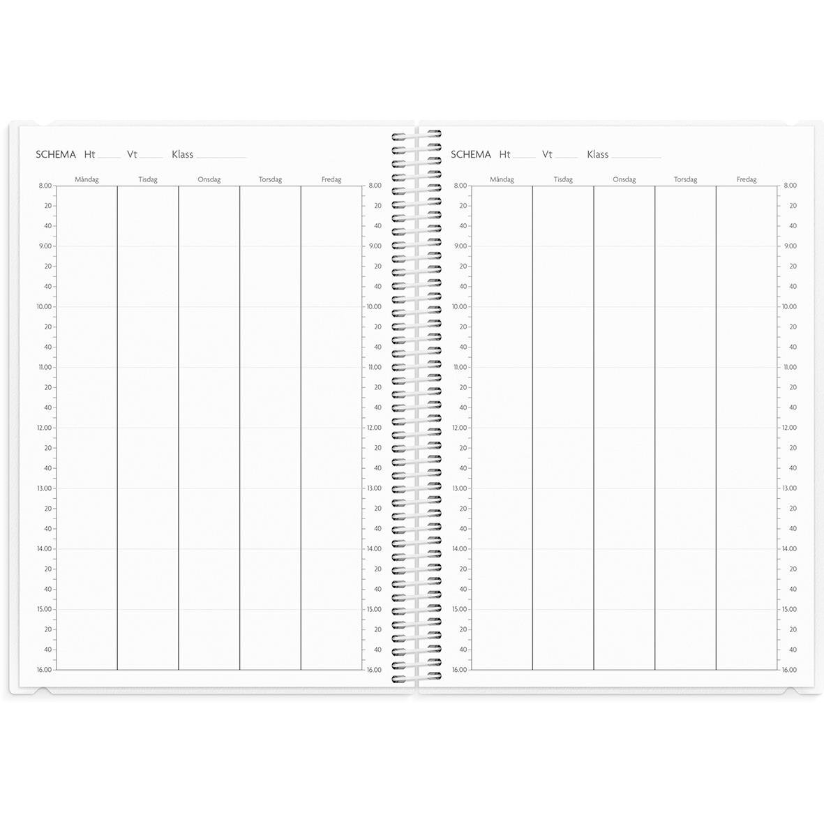 Öppnad lärarkalender för 2025-26 med kontaktlista och ämnesplanering i A5-format