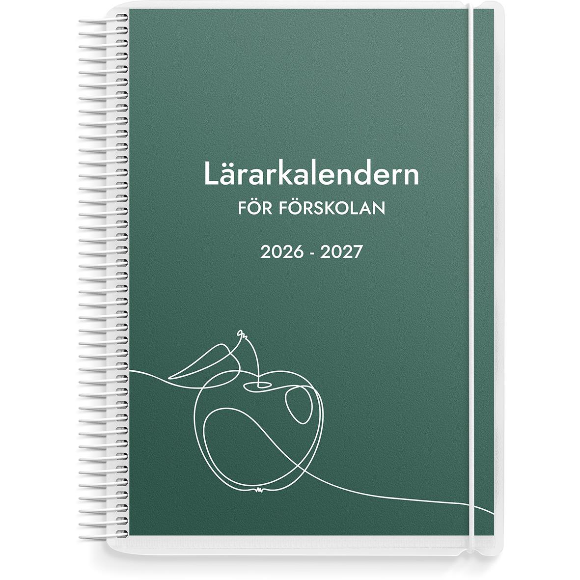 Lärarkalender för förskolan 2025-2026 i A5-format med spiralbindning och grön omslag