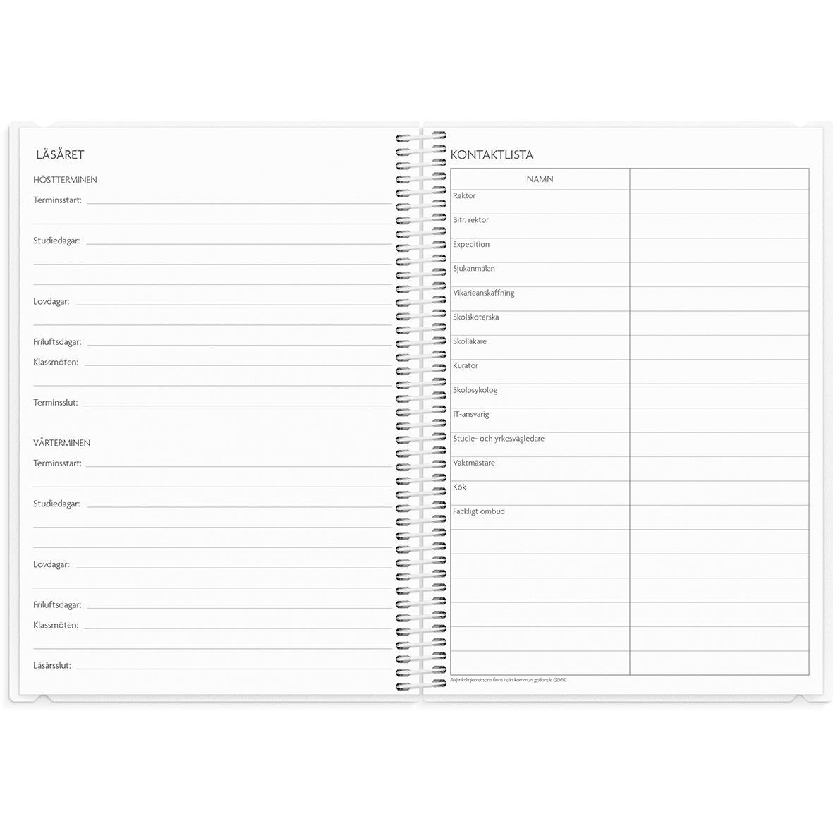 Öppnad lärarkalender för förskolan med tomma sidor för anteckningar och barnförteckning