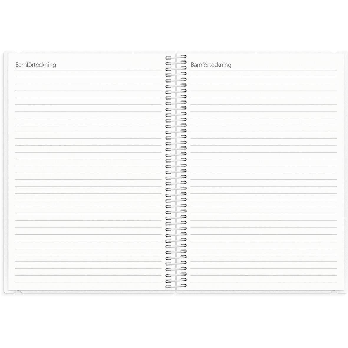 Öppnad lärarkalender för förskolan med tomma sidor för anteckningar och barnförteckning